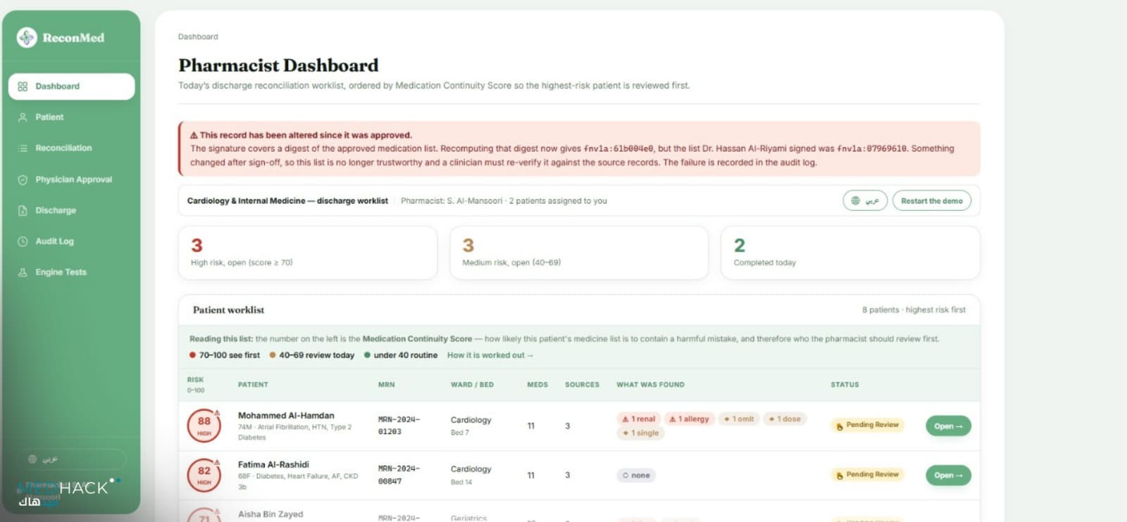 A ranked patient worklist with findings, review status and a demonstration of record-change detection.